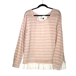 Clu Willoughby Sweater Womens L Pink White Mixed Media Bow Ruffle Beachy Light